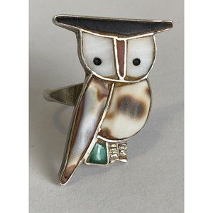 Vintage Zuni Owl Ring Mosaic Inlay Turquoise Coral Onyx And Tortoise Shell SZ 7